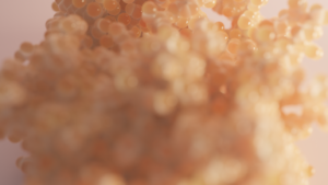 Rendering of a protein in soft focus, looks kind of like small pale orange-colored grapes