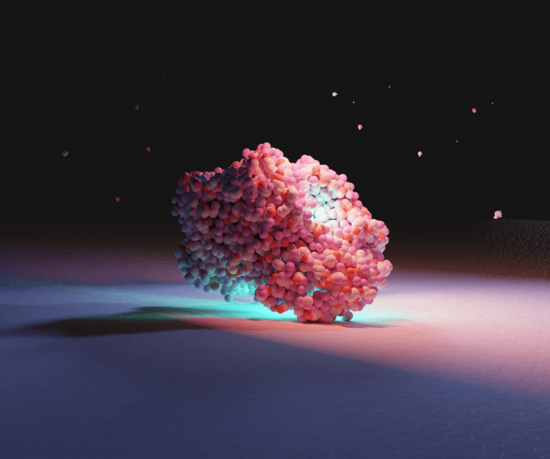 A 3D rendering of an enzyme on a dark background, its center illuminated indicating the active site