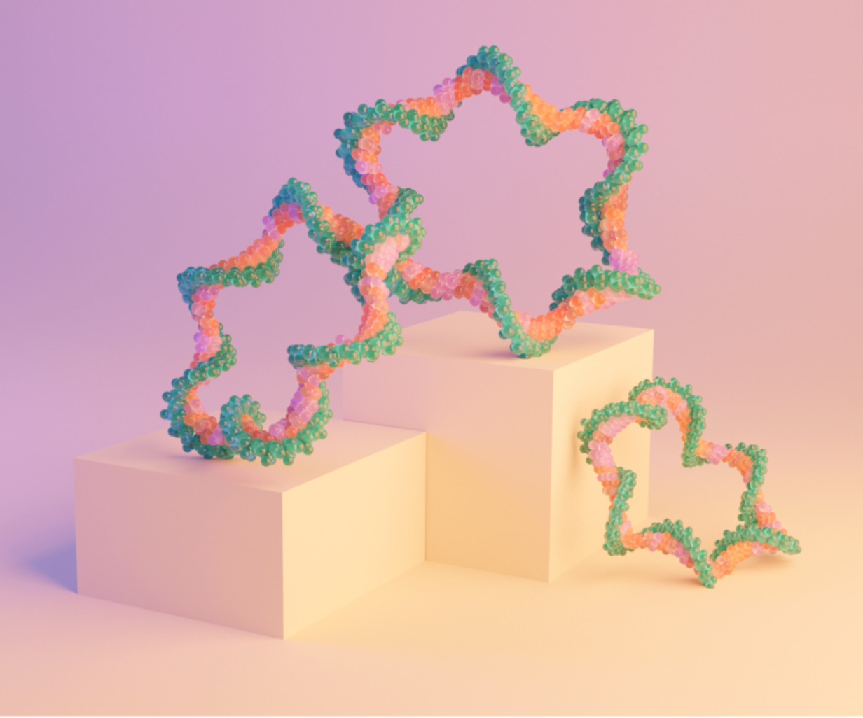 A 3D rendering of circular RNAs, placed on a soft peach and pink backdrop