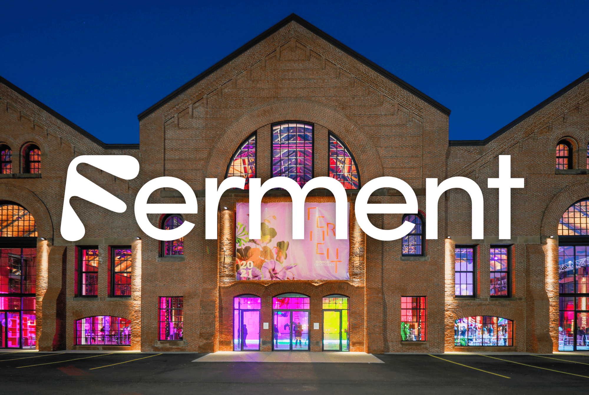 the text Ginkgo Ferment overlaid on Boston's SoWa Power Station event venue