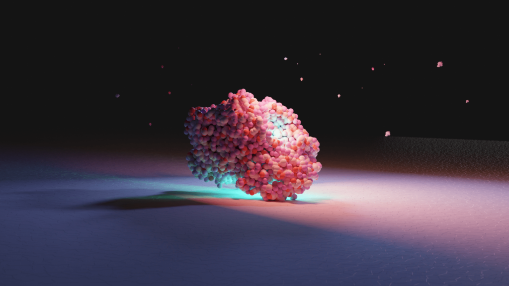 A 3D rendering of an enzyme on a dark background, its center illuminated indicating the active site