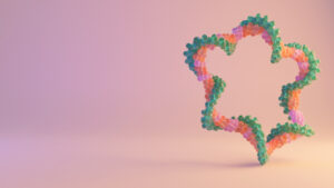 A 3D rendering of a circular RNA, placed on a soft peach and pink backdrop