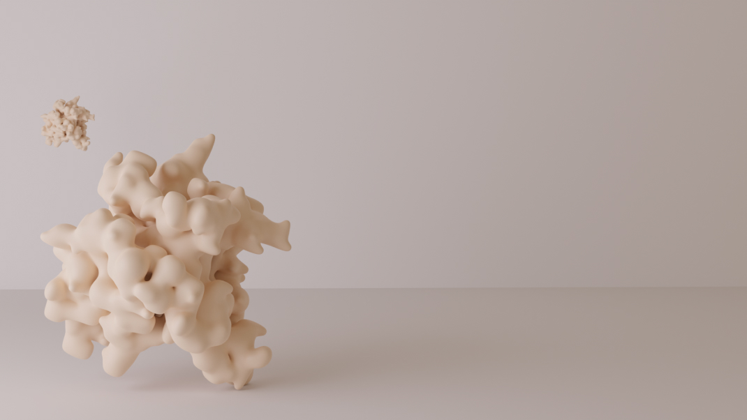 A 3D rendering of a white milky protein in the foreground with another floating in the background at a great distance