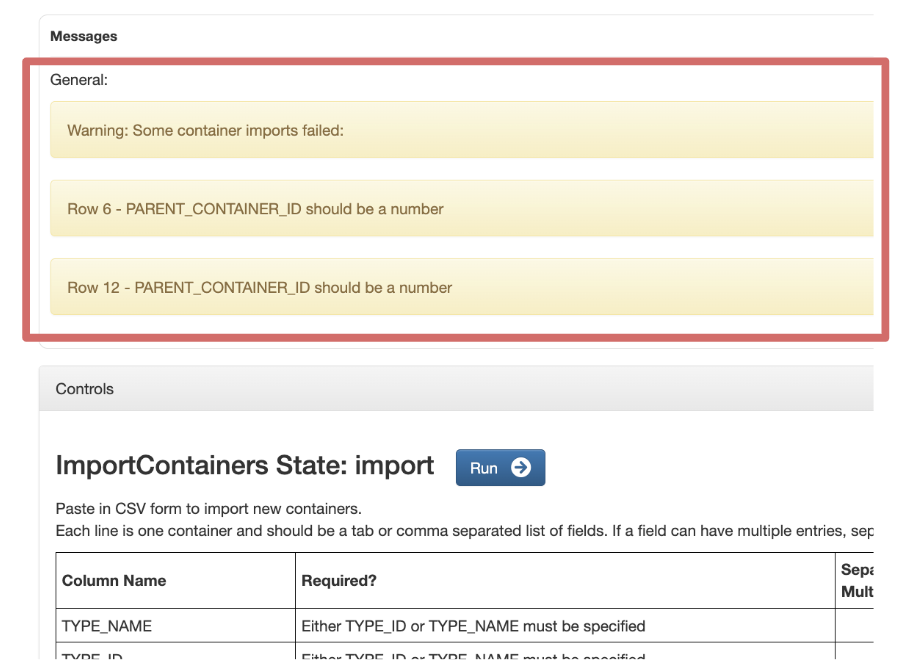 screenshot of legacy LIMS container import error